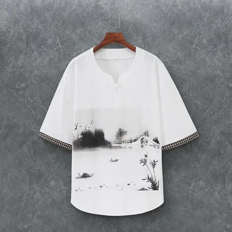 中国风夏季男短袖T恤盘扣复古水墨画半袖衣服民族风潮流男装上衣图片