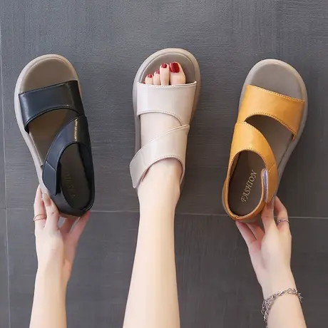 平底凉鞋女运动沙滩鞋2023年夏季新款黑色软底妈妈魔术贴海边凉拖商品大图