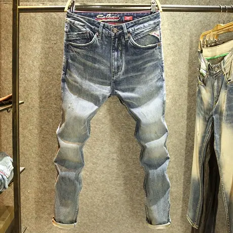 高端水洗耐磨牛仔裤男赤耳丹宁小直筒长裤秋冬款复古潮牌猫须裤子图片