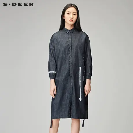 sdeer圣迪奥秋装气质小方领印花长款开叉牛仔衬衫女S18180506图片