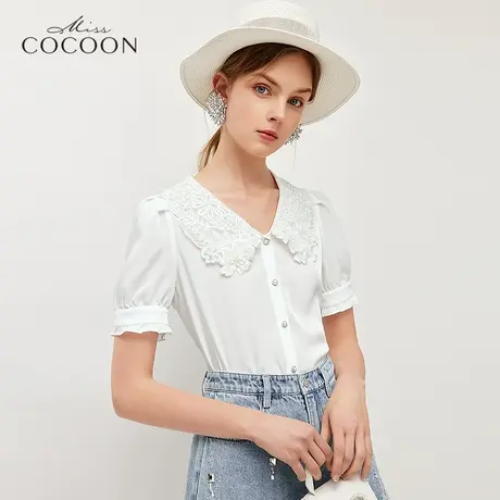 miss COCOON法式白色上衣女2023新款夏季设计感小众减龄短袖衬衫图片