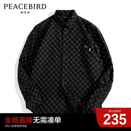 太平鸟男装奥莱老花黑色衬衫男夏季新款休闲满印翻领长袖衬衣商品大图