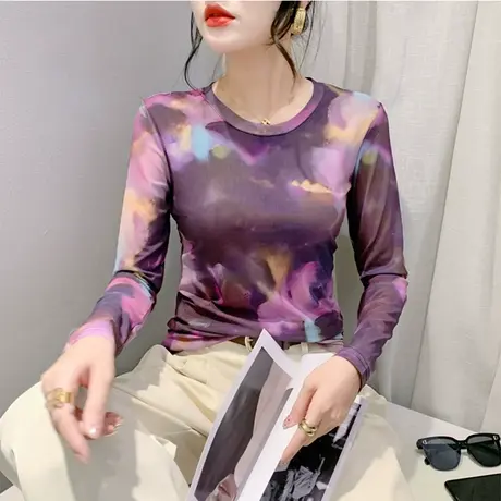 2024春秋新款T恤女晕染网纱印花时尚气质减龄内塔上衣修身打底衫商品大图