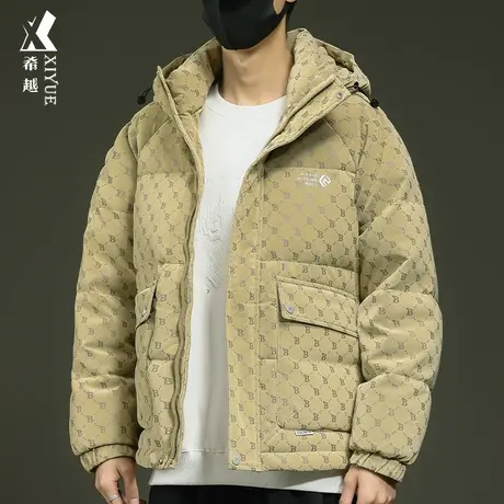 希越男装PU皮羽绒棉衣男冬季新款满印老花外套宽松大码男士面包服商品大图