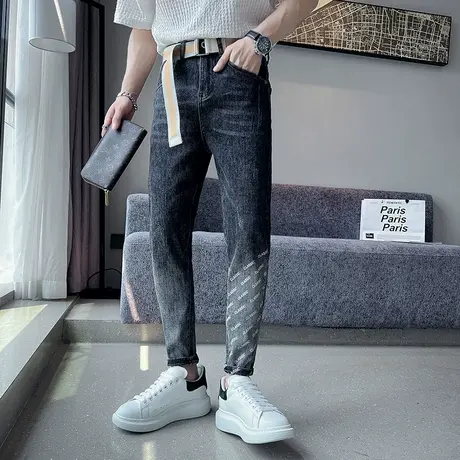 春季男士牛仔裤裤子网红潮牌网红字母印花渐变ins修身潮流九分裤商品大图