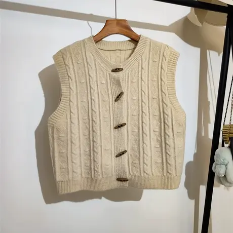 麻花针织马甲开衫女秋冬新款宽松圆领复古文艺范无袖毛衣背心外穿商品大图