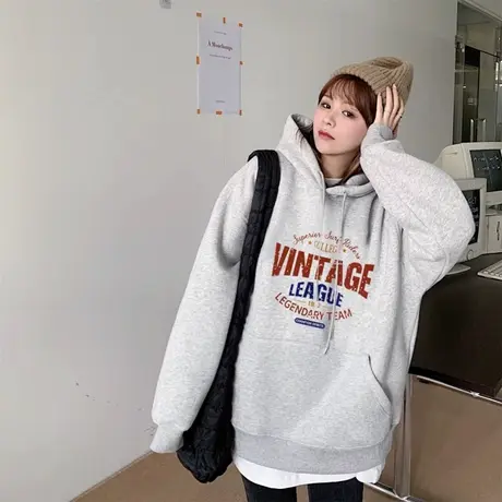 灰色加绒加厚大码卫衣女秋冬2024胖mm厚款宽松中长款连帽上衣潮商品大图