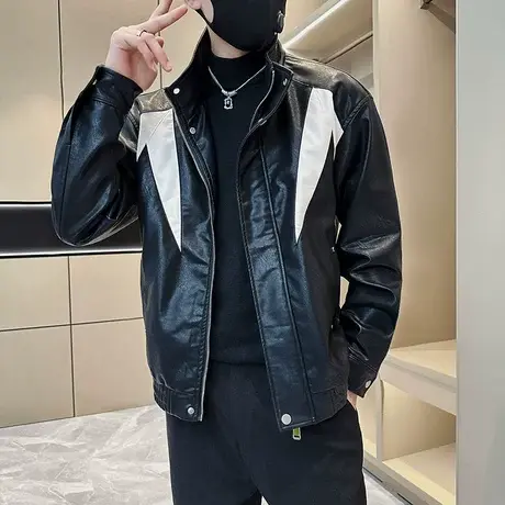 高级感重磅皮衣外套男春秋季美式青年潮流拼色夹克上衣痞帅机车服商品大图