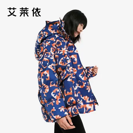 艾莱依反季羽绒服女时尚连帽设计感个性印花短款95鹅绒厚外套冬季图片