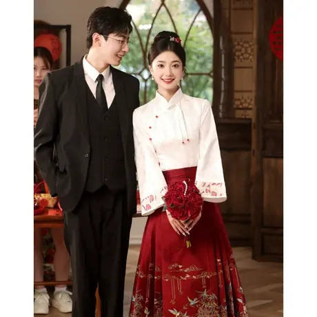 酒红色新娘敬酒服2023新款汉服旗袍改良马面裙国风新中式订婚礼服商品大图
