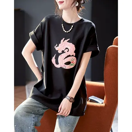 宝诗黎圆领钉珠刺绣短袖T恤2024春季新款百搭宽松棉质女装上衣潮图片