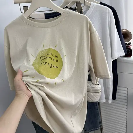 透气舒适冰丝棉短袖t恤女夏季薄款宽松2024新款设计感印花上衣潮商品大图