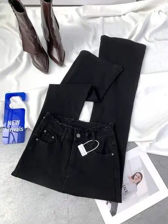 欧货腰部毛边牛仔喇叭裤女2024春季新款显瘦百搭高腰复古微辣长裤商品大图