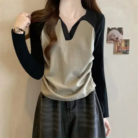 韩版撞色通勤Polo领长袖T恤女春季2024新款网红褶皱显瘦休闲上衣商品大图