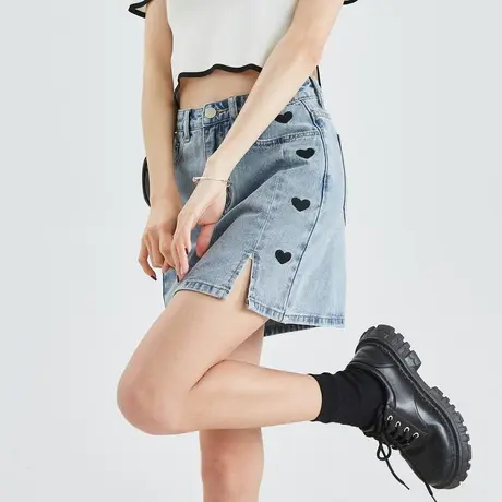 爱心牛仔半身裙女2022夏季新款a字裙高腰显瘦短裙开叉包臀裙子图片
