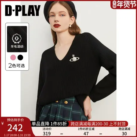 DPLAY秋装B囤款平旺纱线经典黑色加厚V领宽松针织套头毛衣商品大图