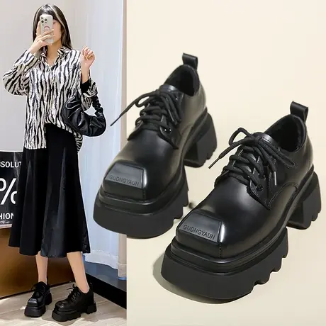 爆款方头厚底小皮鞋女款2024春季新款女鞋百搭粗跟高跟单鞋乐福鞋商品大图