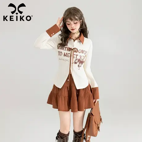 KEIKO 美式复古字母印花拼接衬衣女2024春季甜辣妹修身开衫外套图片