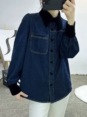 拼接牛仔衬衫女叠穿上衣2024春秋新款小香风丝绒拼接衬衣气质外套商品大图