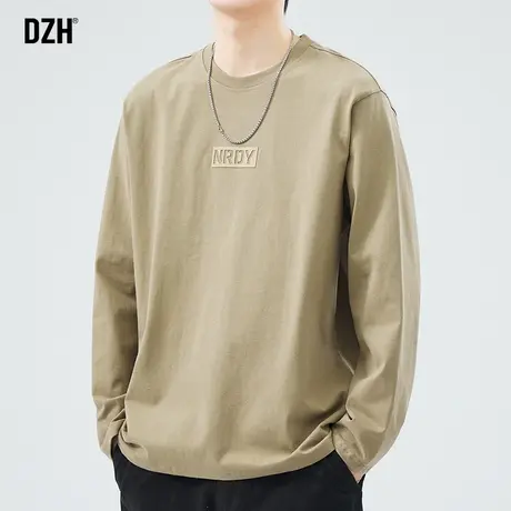 男生卡其色t恤男长袖圆领春季纯棉打底衫内搭上衣2024年新款体恤商品大图