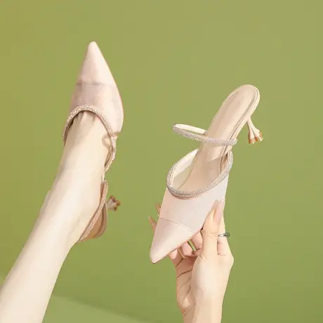 包头半拖鞋女夏外穿2024新款尖头水钻一字带配裙子法式细高跟凉鞋商品大图