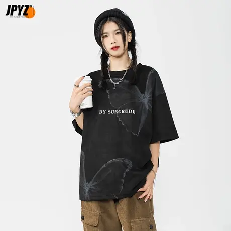 短袖男潮牌美式高街蝴蝶印花男女情侣半袖BF风宽松麂皮t恤夏季商品大图