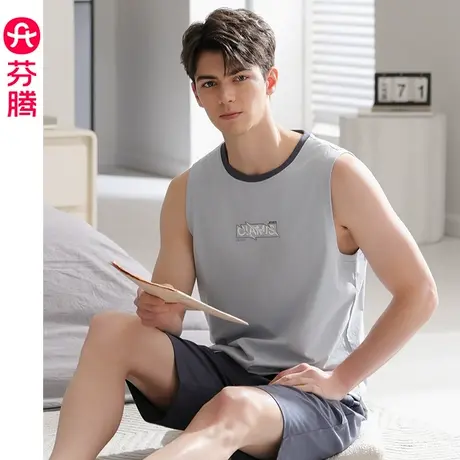 芬腾夏季薄款男士纯棉背心睡衣套装宽松大码休闲可外穿全棉家居服商品大图