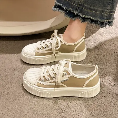 小香风贝壳头帆布鞋女2024年新款春季百搭透气饼干鞋夏季休闲板鞋商品大图