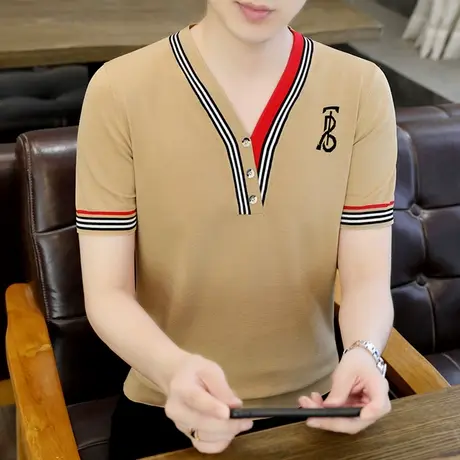 设计感夏装冰丝短袖V领t恤男款个性撞色时尚痞帅气上衣服针织半袖商品大图