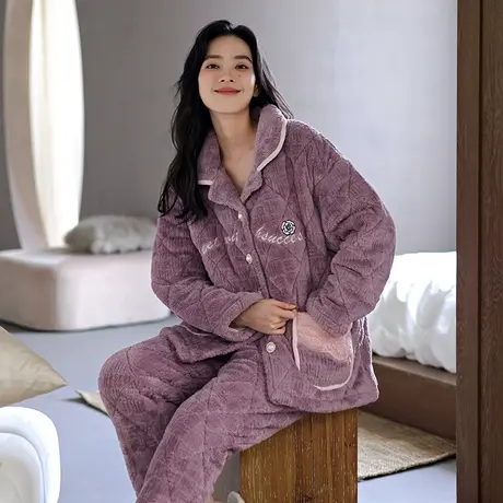 婷美珊瑚绒睡衣女冬季三层夹棉加绒加厚外穿套装秋冬天保暖居家服商品大图