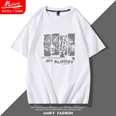 小众设计感男装虎头印花t恤男短袖夏季纯棉情侣宽松潮牌国潮半袖图片