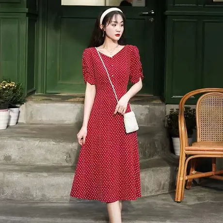 时尚波点红色短袖连衣裙2022年夏季新款淑女温柔气质显瘦中长款裙图片