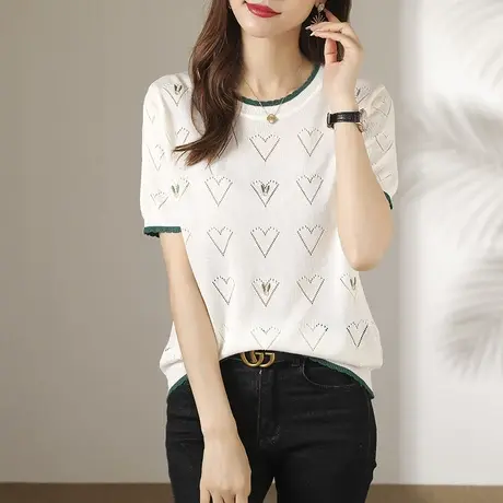 冰丝针织衫女薄款2023新款夏季女装宽松圆领短袖t恤防晒上衣洋气商品大图