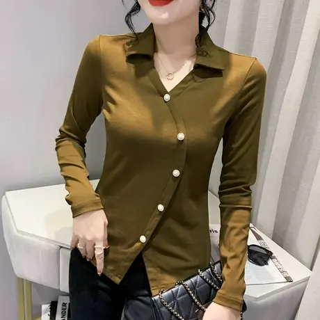 气质打底衫女春秋款时尚不规则下摆长袖T恤女修身别致POLO领上衣商品大图