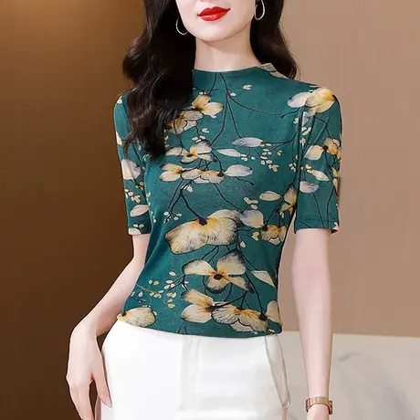 时尚印花短袖T恤女夏季2023新款复古立领上衣性感气质网纱小衫潮商品大图