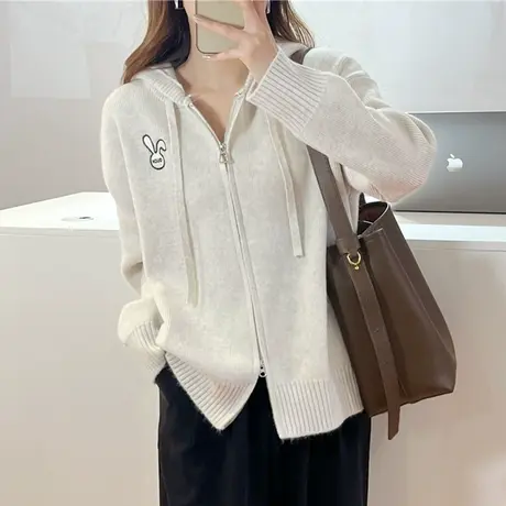 连帽秋装女2023新款开衫针织外套春秋款爆款拉链慵懒风毛衣女百搭图片