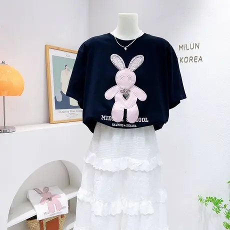 高级感重工短袖上衣~2023夏季镶钻亮片兔子洋气宽松大版T恤欧货潮图片