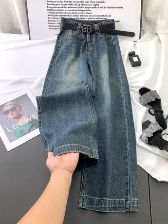 水洗磨白宽松牛仔阔腿长裤2023秋季新款显瘦百搭高腰直筒男友裤商品大图