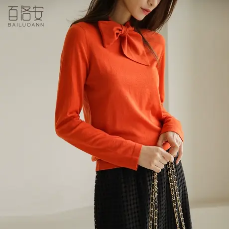 百洛安长袖蝴蝶结针织衫女上衣秋装新款气质显瘦套头打底毛衣毛衫图片