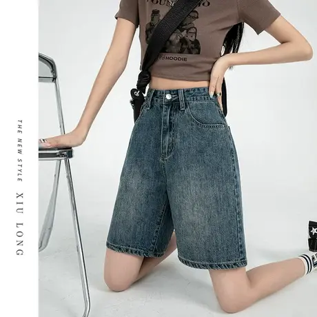 复古高腰牛仔短裤女秋季2023年新款显瘦小个子直筒阔腿中裤五分裤商品大图