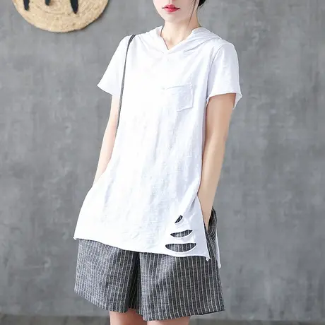 DZA白色破洞全棉短袖T恤女打底内搭宽松连帽罩衫2022新款半袖上衣商品大图