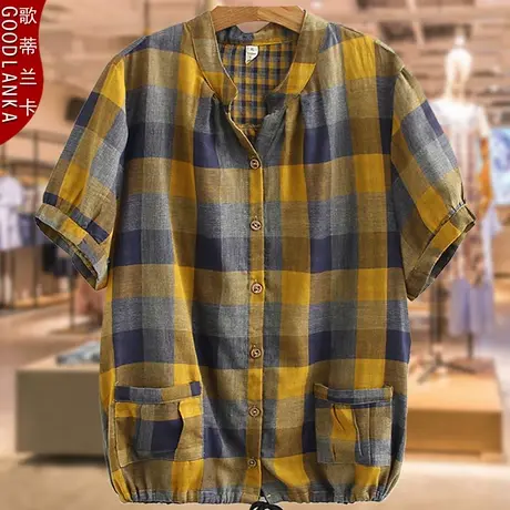 中老年妈妈夏季上衣短袖宽松格子小衫加肥加大码女装立领纯棉衬衫商品大图