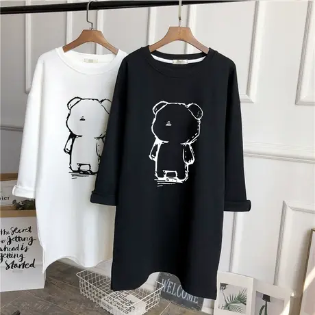 黑色打底衫中长款小熊宽松内搭2022年秋冬磨毛加厚纯棉长袖T恤女商品大图