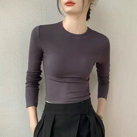 小圆领长袖T恤女2023秋新品修身露脐西装内搭上衣正肩纯色打底衫商品大图