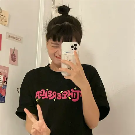 红续立体发泡字母印花纯棉短袖T恤女韩版复古宽松小众设计感上衣图片