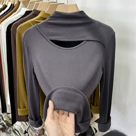 欧货半高领加薄绒内搭镂空针织小衫女2023秋季爆款打底衫上衣T恤商品大图