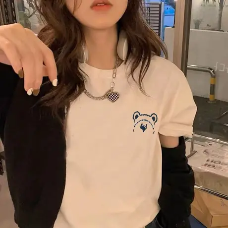 仿棉短袖女t恤潮ins港风宽松学生显瘦百搭复古运动体桖夏2023新款商品大图