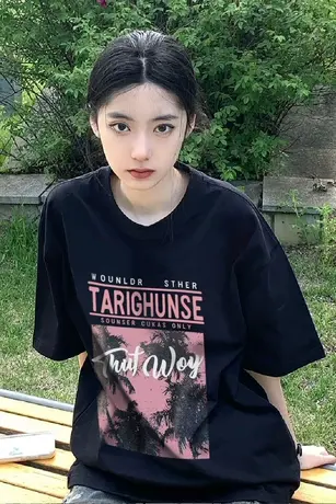 纯棉美式复古短袖t恤女夏季潮牌小众设计感港味chic圆领宽松上衣商品大图