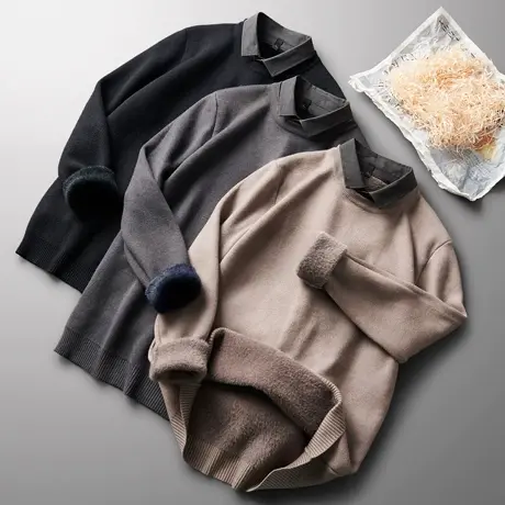 一体绒假两件毛衣男保暖2023秋冬装男装上衣打底衫针织衫加厚加绒商品大图