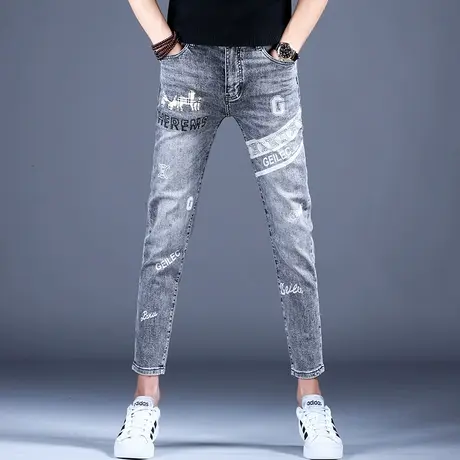 高级灰色印花九分牛仔裤男款修身小脚裤子男士2023新款休闲裤弹力商品大图